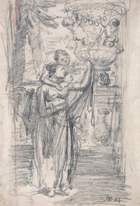 Dos chicas (o dama y niño) en una terraza de jardín cerca de una urna ornamental de James Ward